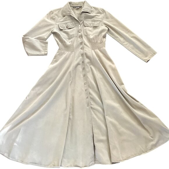 VTG Karen Alexander Cotton Midi Dress Sz 10 Buttons 2 Pockets Smocked Waist 76S - Picture 1 of 7